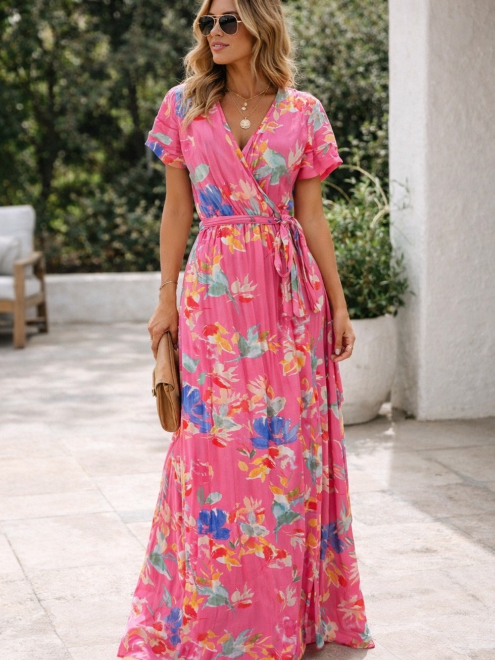 Vici Pink Floral Wrap Maxi Dress with Multicolor Blooms